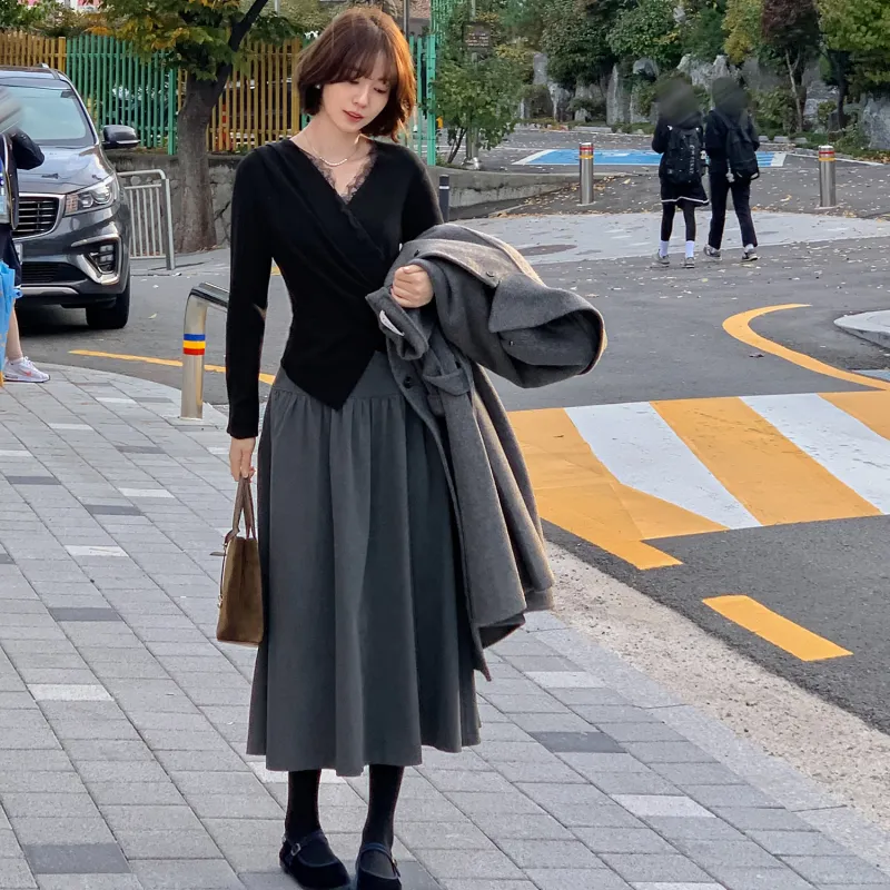 Fstudio Casual Long Skirts Women's Dark Gray-4