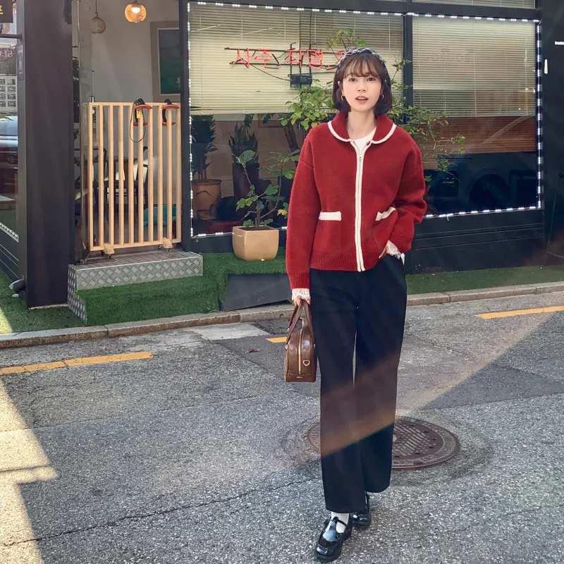 Fstudio Korean Petite Cardigan Lapel Long Sleeved Knitwear Women's Red-7