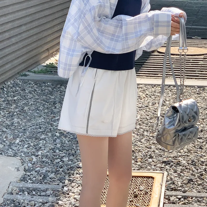 Fstudio Summer Korean Style Petite Commute Thin Casual Shorts Women's White/Navy Blue-3