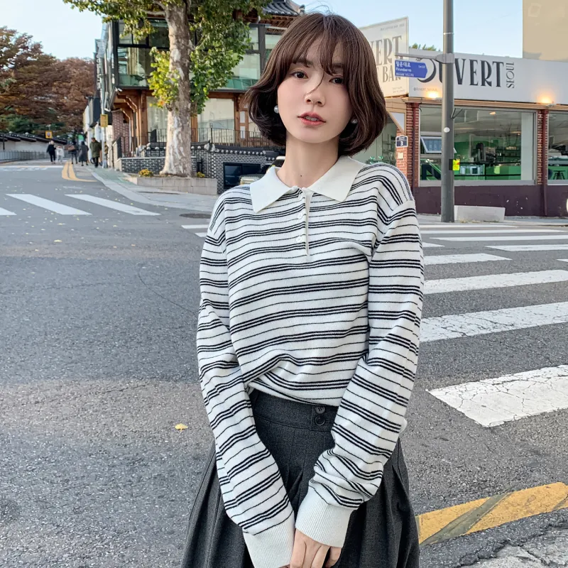Fstudio Fall And Winter Korean Style 100% Wool Lapel Stripes Base Knitwear Women's Black-2