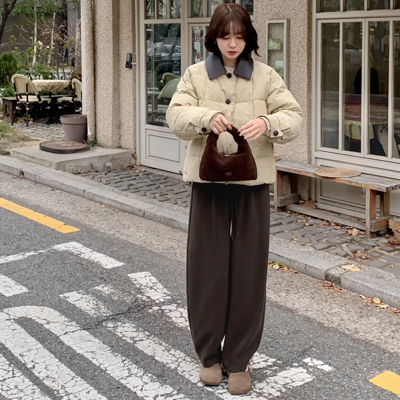 Fstudio Korean Style Color Blocking 90 Fill Power White Duck Down Cropped Down Jacket Coat Women's Khaki-7
