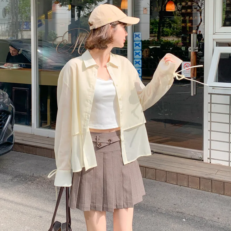 Fstudio Korean Style Summer Cooling Slimming Top Long Sleeved Shirt Women's Yellow-4