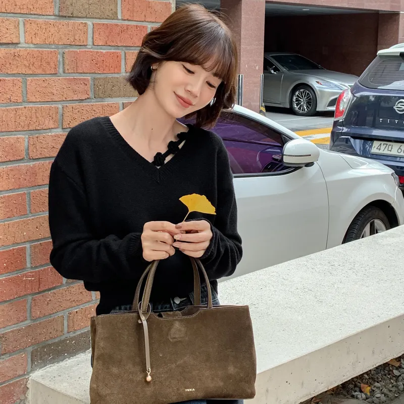 Fstudio Korean Style Laid Back 100% Australian Sheep Wool V Neck Top Floral Knitted Sweater Unisex-9