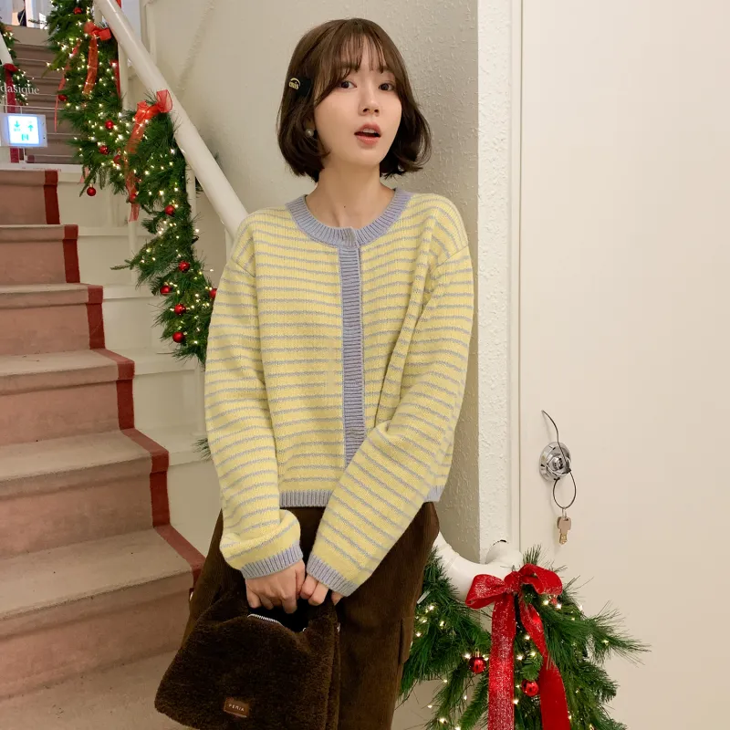 Fstudio Spring Korean Style 100% Sheep Wool Stripes Multicolor Knitwear Inner Layer Versatile Style Women's Yellow-2