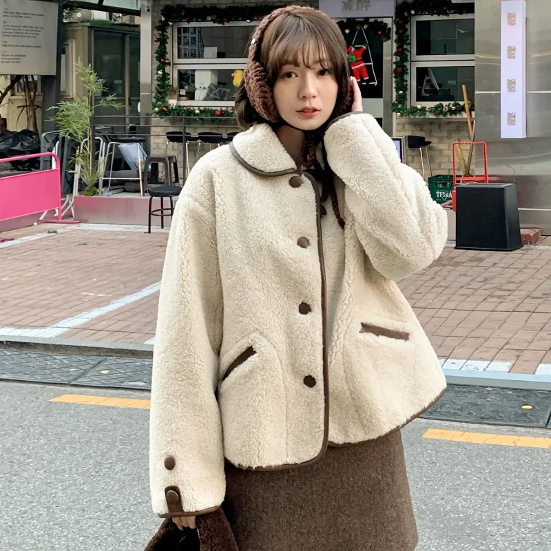 Fstudio Fall And Winter Petite Cropped Lambswool Coat Top Women's Apricot-3