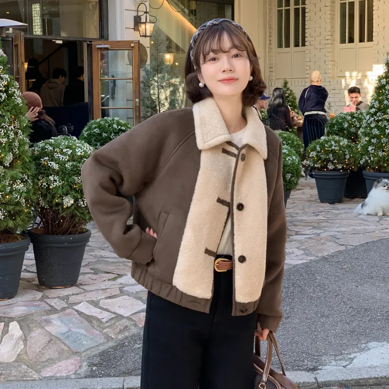 Fstudio Fall And Winter Suede Patchwork Lambswool Cropped Coat Women's Coffee-4