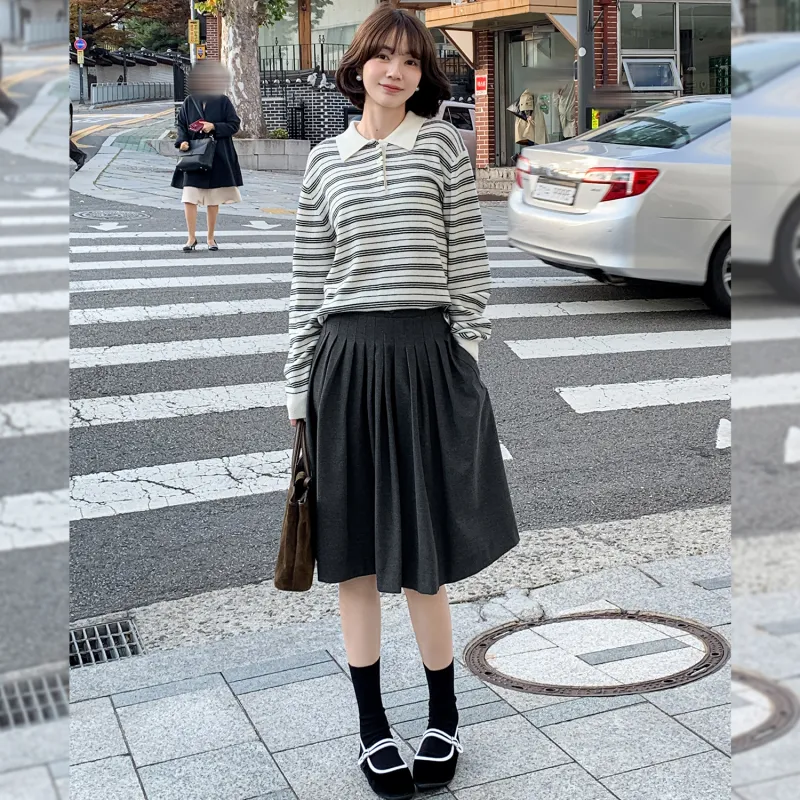 Fstudio Fall And Winter Korean Style 100% Wool Lapel Stripes Base Knitwear Women's Black-4