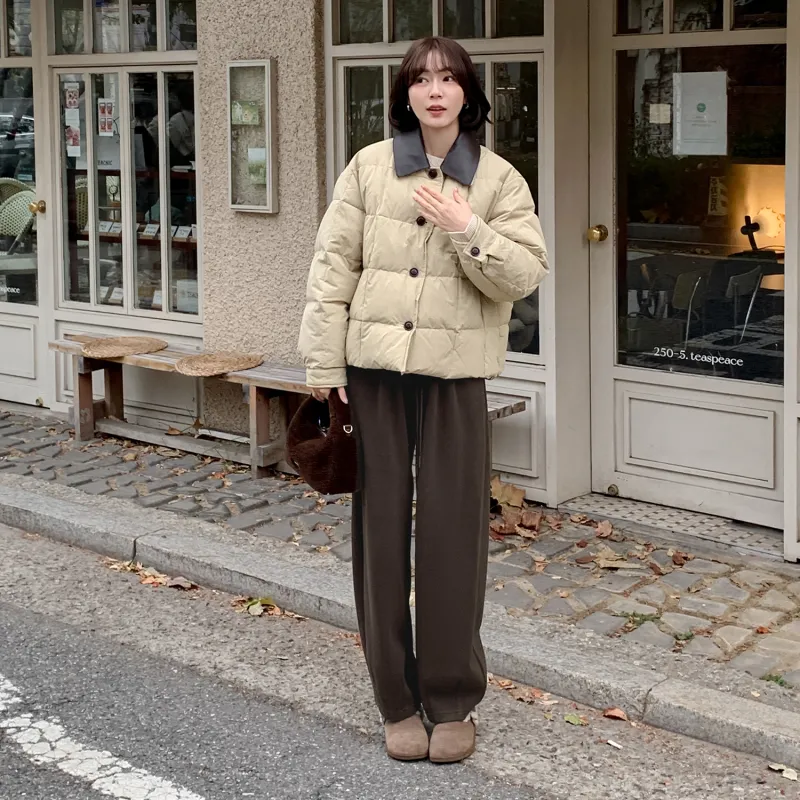 Fstudio Korean Style Color Blocking 90 Fill Power White Duck Down Cropped Down Jacket Coat Women's Khaki-6