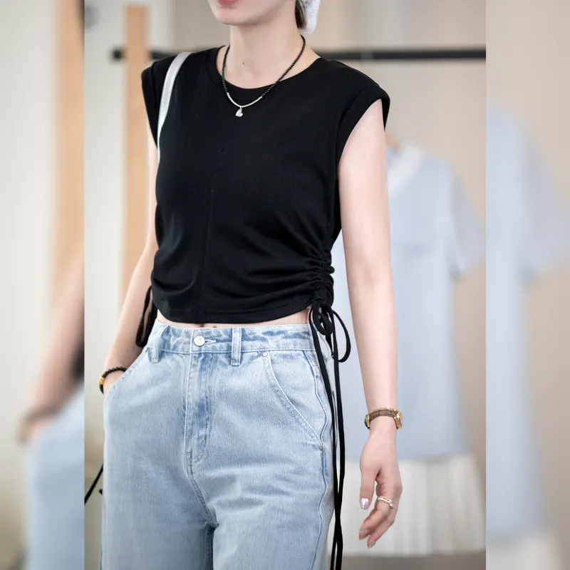 Fstudio Korean Style Minimalist High Rise Slimming Shirring Sleeveless T Shirt Women's-3
