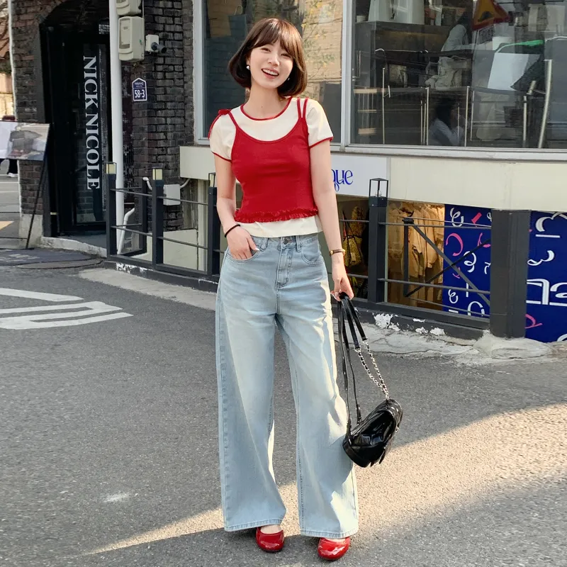Fstudio Korean Style Elegance Luxury Streetwear Draped Straight Fit Casual Jeans Women's-5