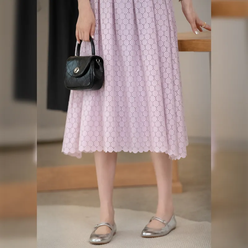 Fstudio Korean Style Crew Neck Embroidery Slimming Short Sleeved Dress Women's Purple-7