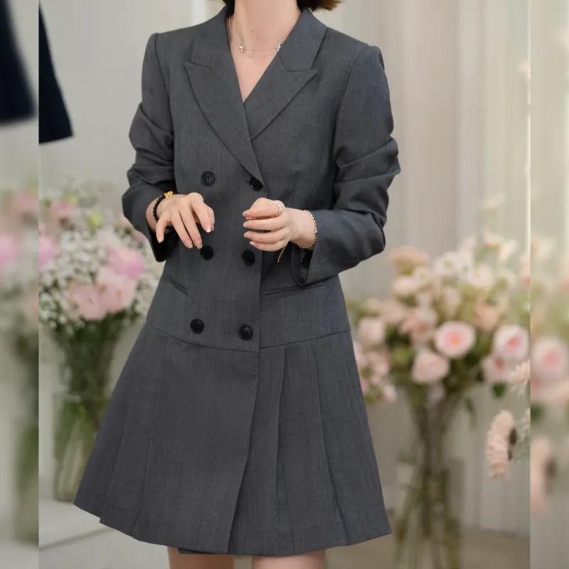 Fstudio Spring Korean Style Petite Preppy Style Business Suit Dress Women's Heather Gray Plaid-2
