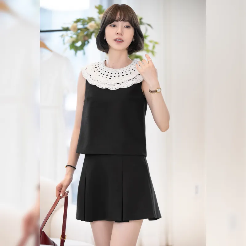 Fstudio Korean Style Chanel Inspired Patchwork Ruffle Collar Top And Skirt Set Women's-6
