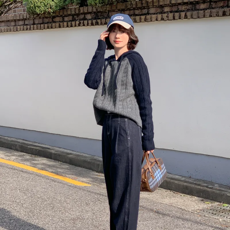 Fstudio Korean Style Fall And Winter Petite Patchwork Hooded Commute 100 Wool Knitwear Women's Coffee-10