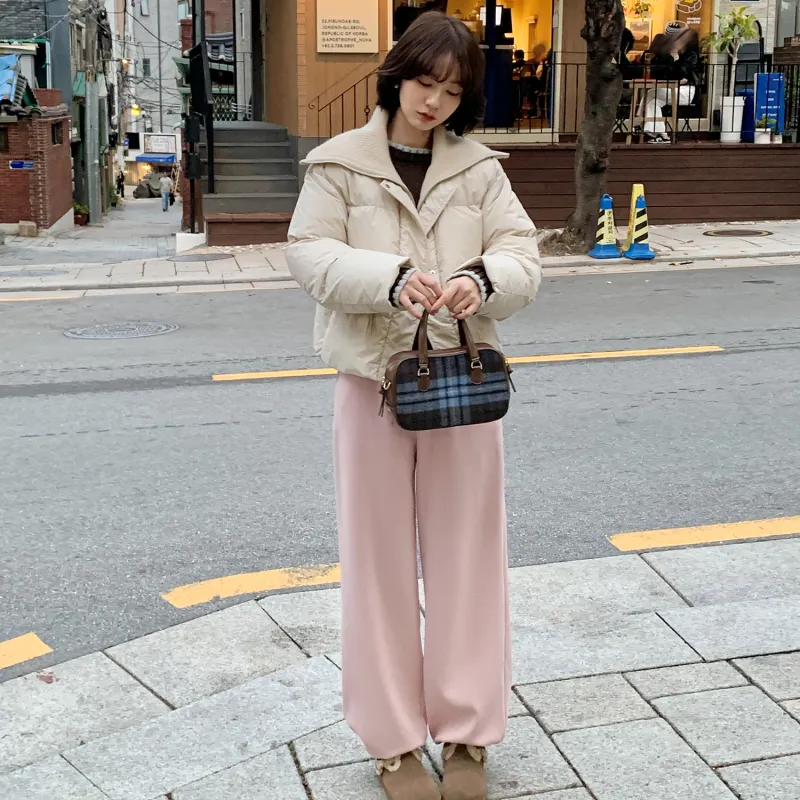 Fstudio Korean Style 90 Fill Power White Duck Down Cropped Patchwork Knitted Fabric Down Jacket Women's Beige-3