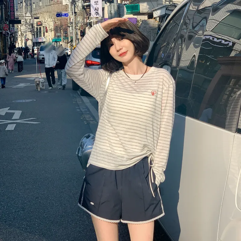 Fstudio Summer Korean Style Petite Commute Thin Casual Shorts Women's White/Navy Blue-12
