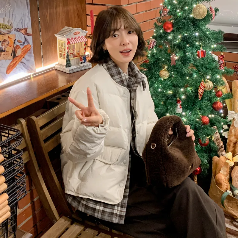 Fstudio Korean Solid Color Plaid Patchwork Design Mock Two Piece Down Jacket Women's Beige-3