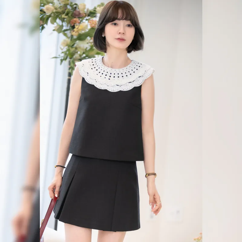 Fstudio Korean Style Chanel Inspired Patchwork Ruffle Collar Top And Skirt Set Women's-3