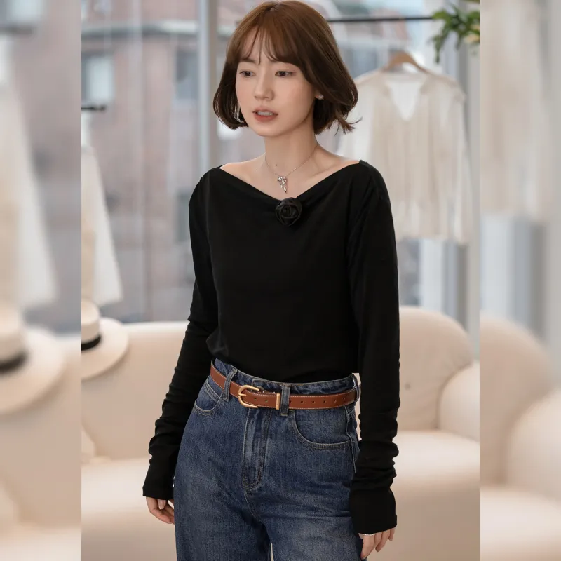 Fstudio Spring Korean Style Design Versatile Crew Neck Base Layer Shirt Women's-9