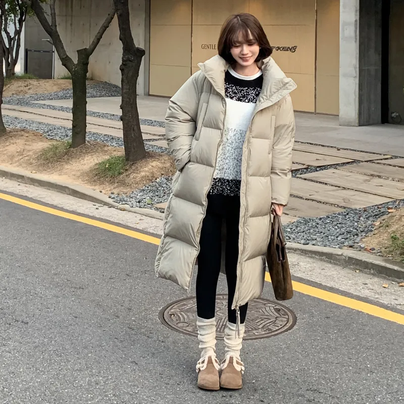Fstudio Korean Style Stand Collar Solid Color 90 Fill Power White Duck Down Long Down Jacket Coat Women's-4