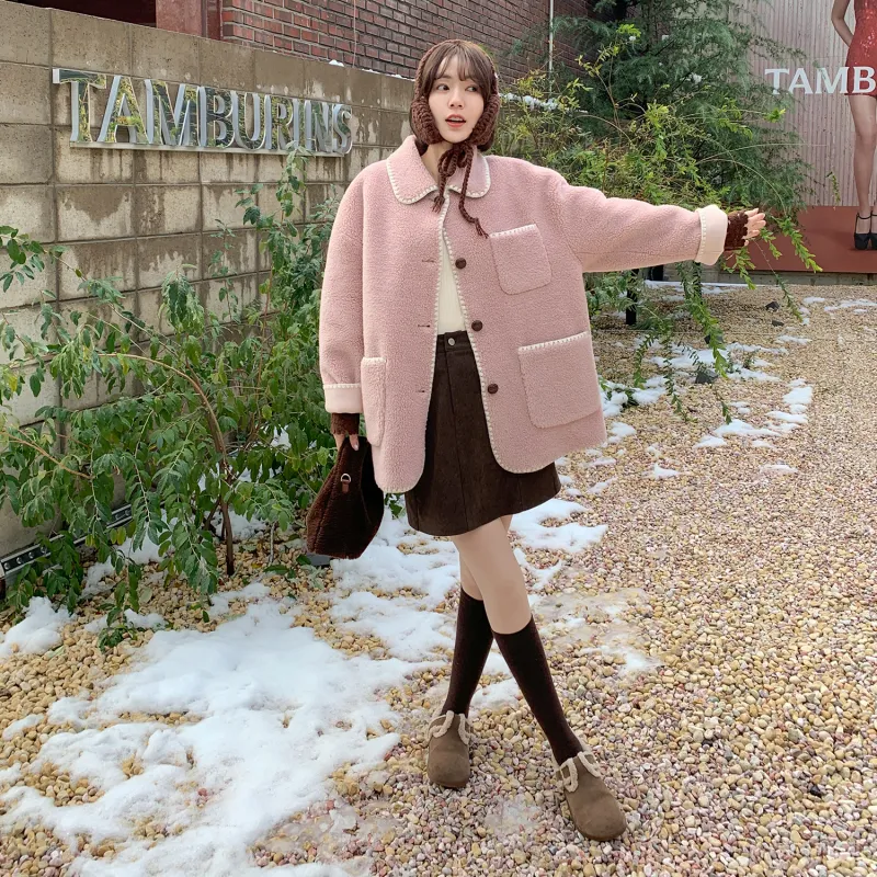 Fstudio Multicolor Deerskin Top Fall And Winter Lambswool Coat Women's Pink-7