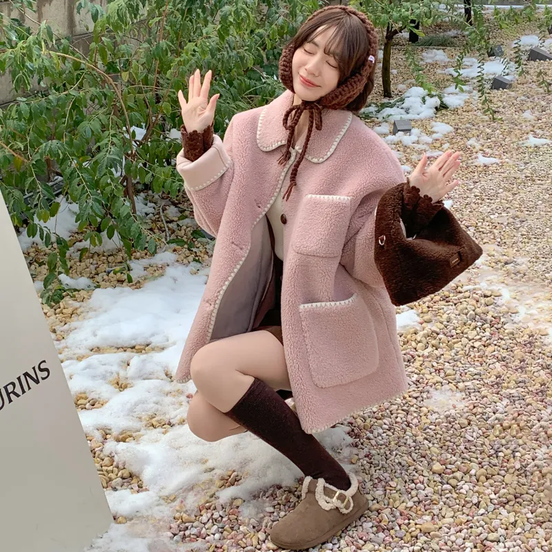 Fstudio Multicolor Deerskin Top Fall And Winter Lambswool Coat Women's Pink-4