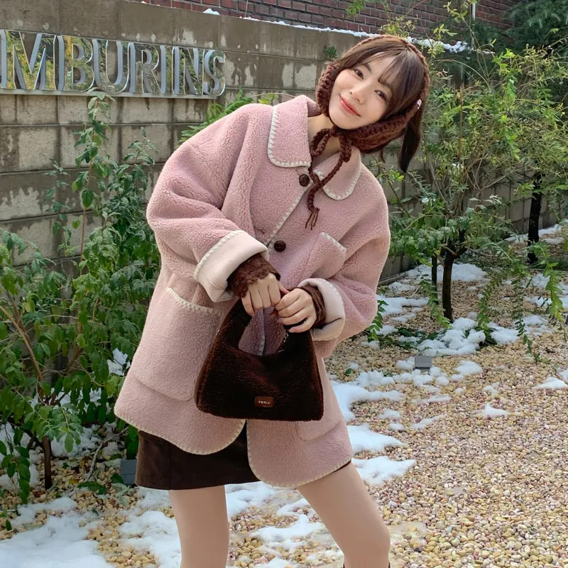 Fstudio Multicolor Deerskin Top Fall And Winter Lambswool Coat Women's Pink-3