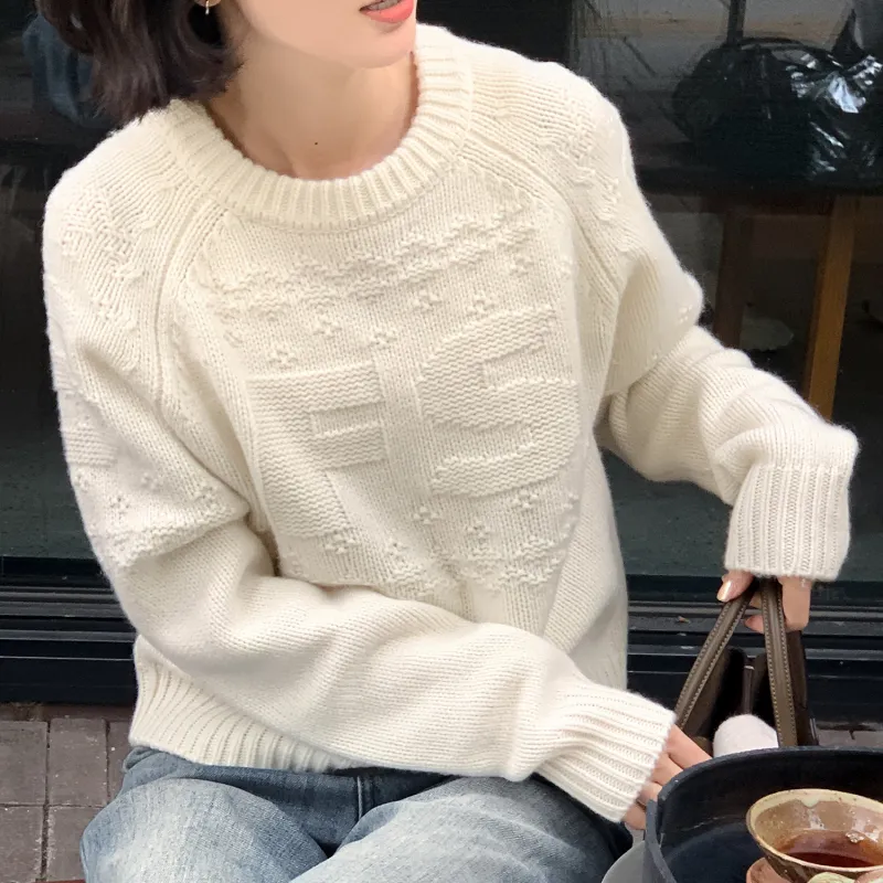 Fstudio Fall And Winter Korean Style 100% Sheep Wool Fashion Crew Neck Knitwear Women's White-2