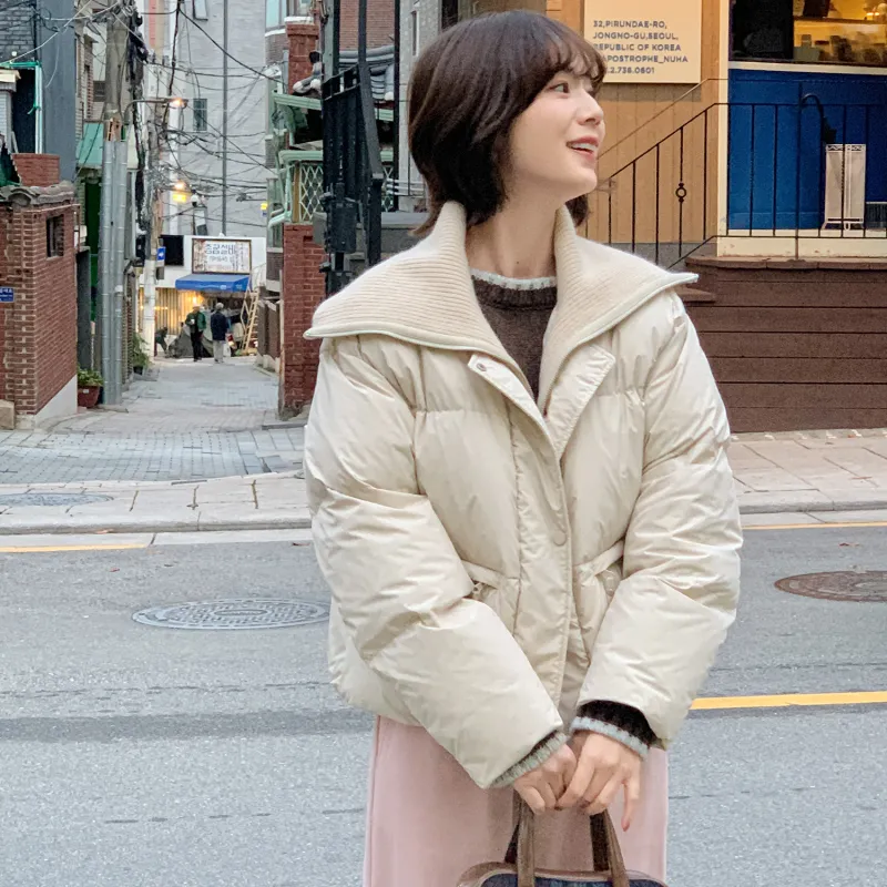 Fstudio Korean Style 90 Fill Power White Duck Down Cropped Patchwork Knitted Fabric Down Jacket Women's Beige-6