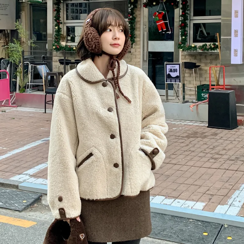 Fstudio Fall And Winter Petite Cropped Lambswool Coat Top Women's Apricot-6