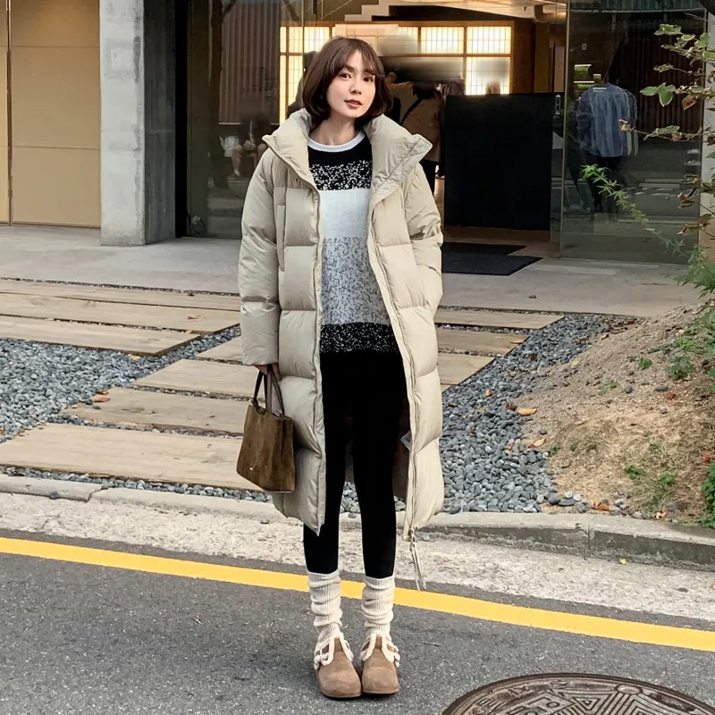 Fstudio Korean Style Stand Collar Solid Color 90 Fill Power White Duck Down Long Down Jacket Coat Women's-3