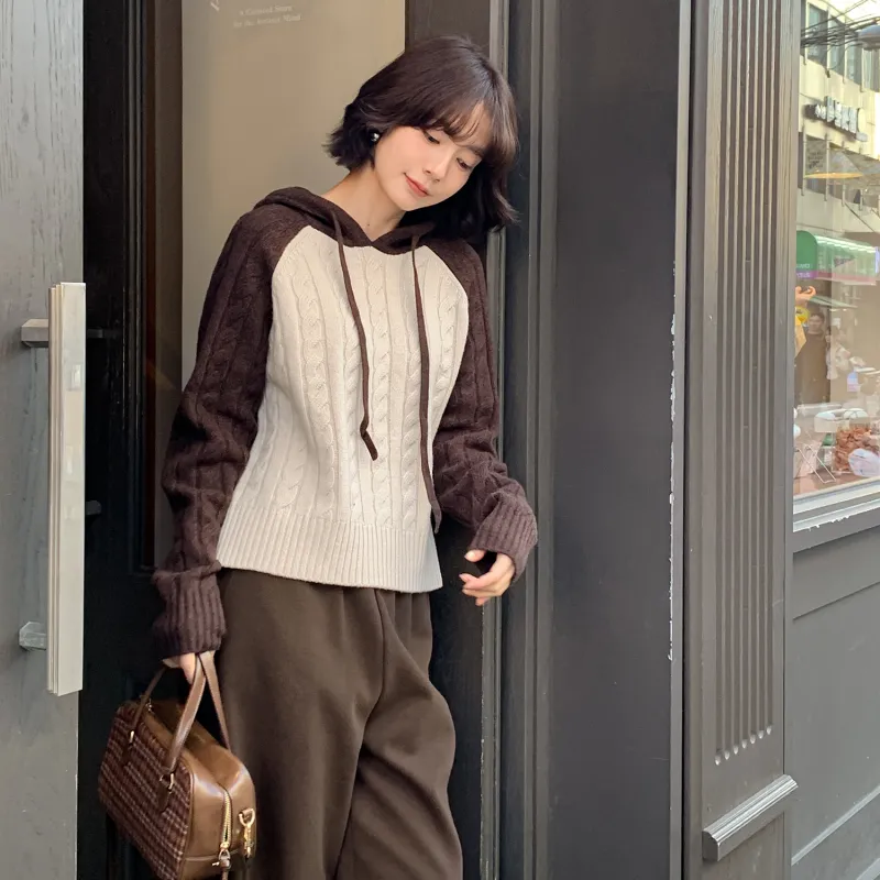 Fstudio Korean Style Fall And Winter Petite Patchwork Hooded Commute 100 Wool Knitwear Women's Coffee-5