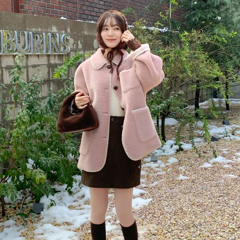 Fstudio Multicolor Deerskin Top Fall And Winter Lambswool Coat Women's Pink-2