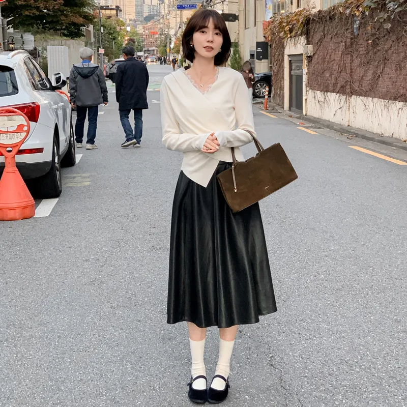 Fstudio Fall And Winter Vintage Pu Leather Half Height Waist A Line Skirt Women's Black-6