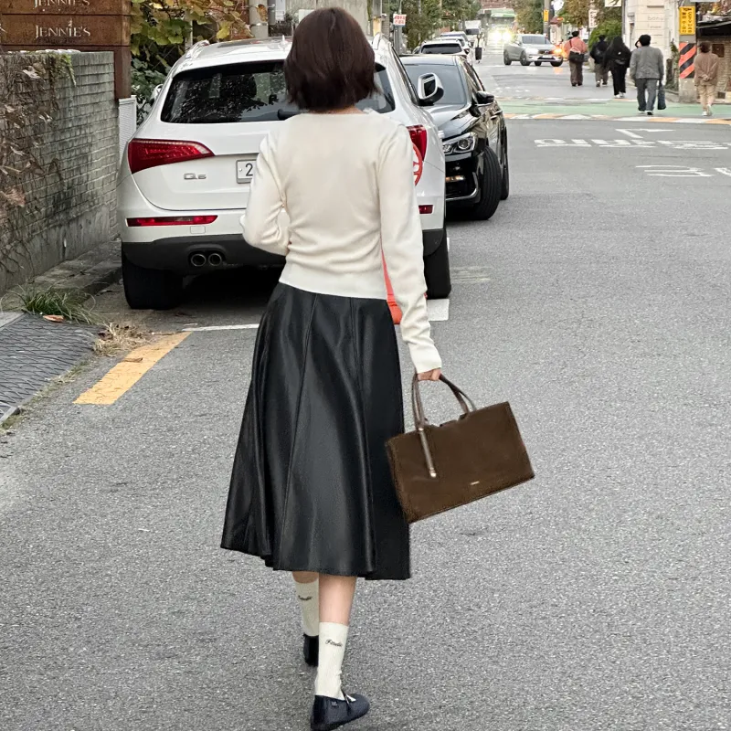 Fstudio Fall And Winter Vintage Pu Leather Half Height Waist A Line Skirt Women's Black-5