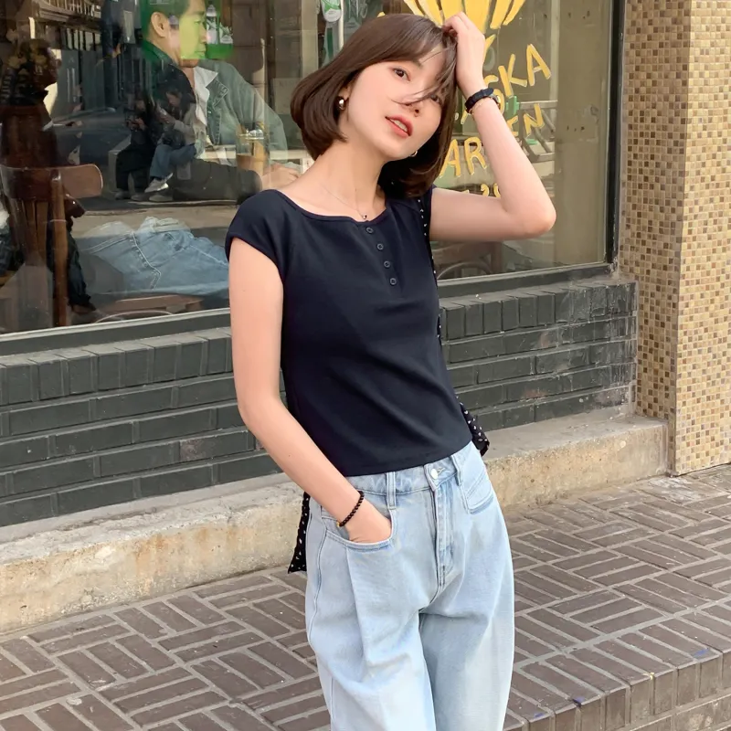 Fstudio Summer Crew Neck Fashion Solid Color Versatile Short Sleeved T Shirts Women's-5