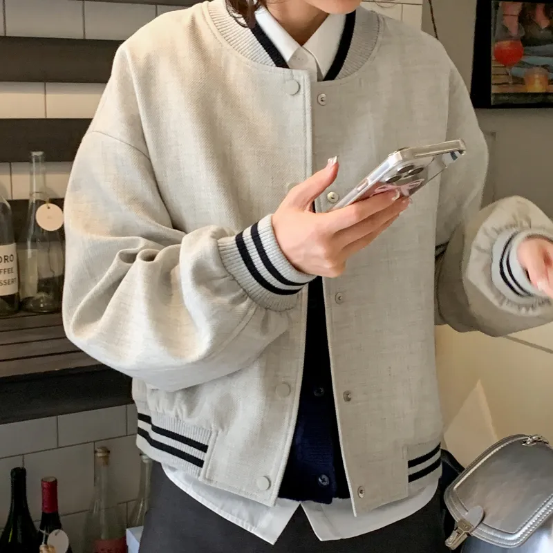 Fstudio Cropped Baseball Jacket Coat Women's Gray-2