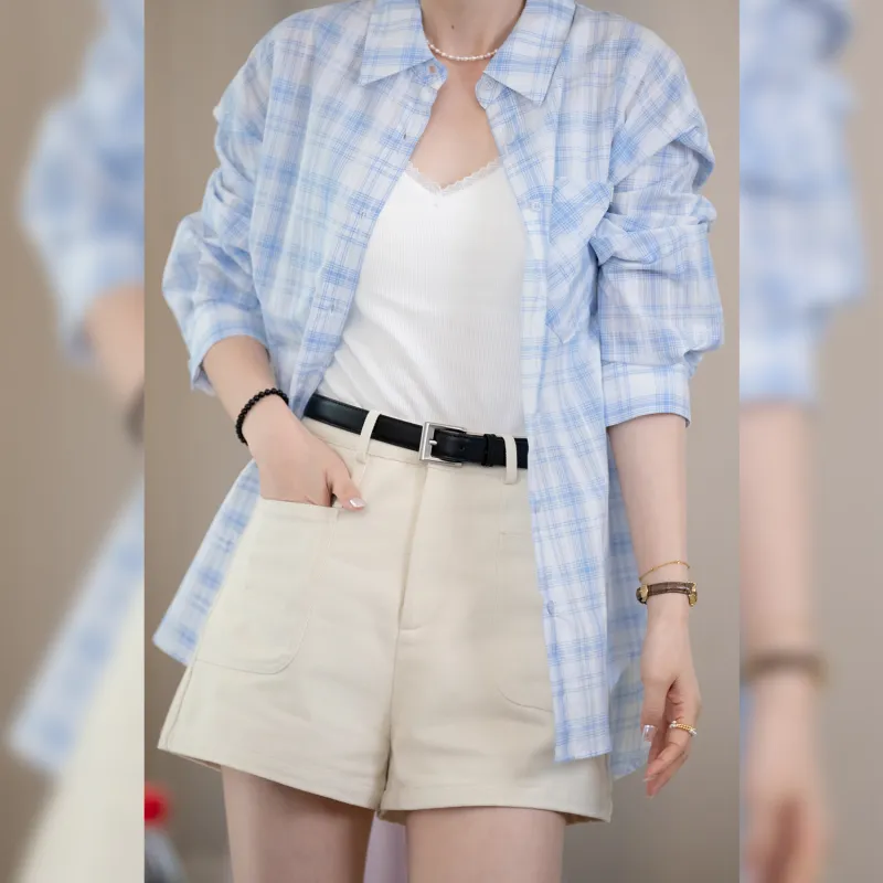 Fstudio Korean Style Commute 100% Cotton Thin Plaid Long Sleeved Shirt Women's-8