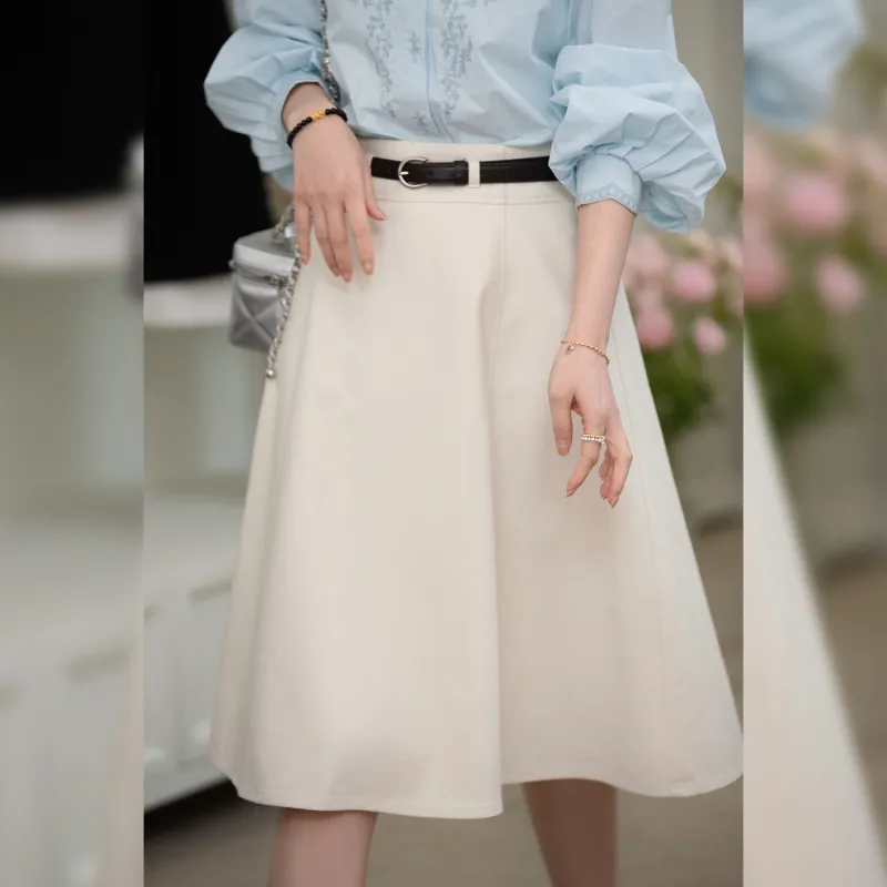 Fstudio Early Spring Korean Style Petite Elegant Elegance Half Length Casual Long Skirt Women's Apricot-3