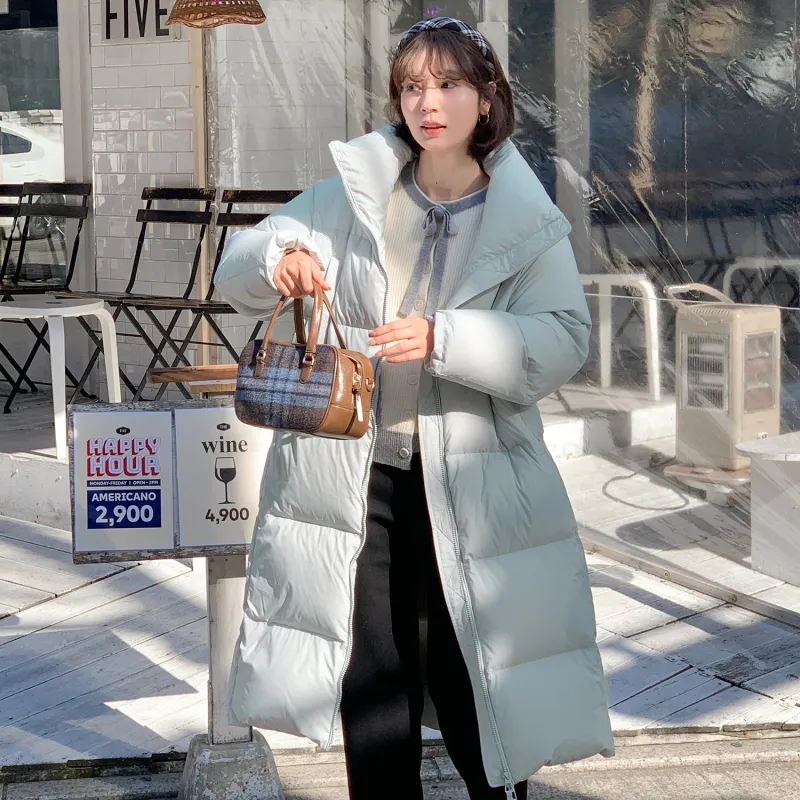 Fstudio Korean Style Stand Collar Solid Color 90 Fill Power White Duck Down Long Down Jacket Coat Women's-9