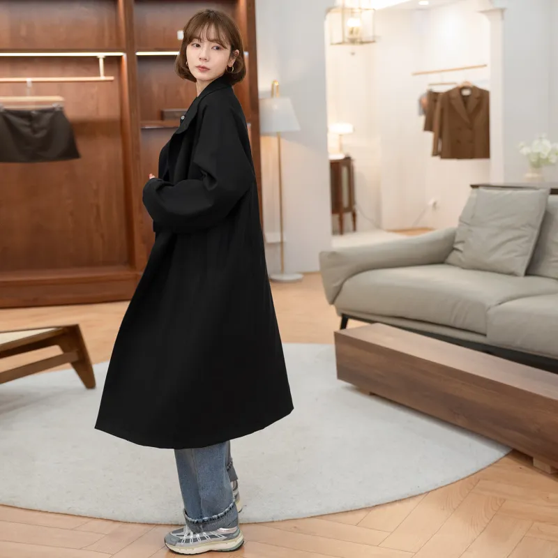 Fstudio Korean Style Petite Commute Long Outerwear Trench Coat Coat Women's Black-5
