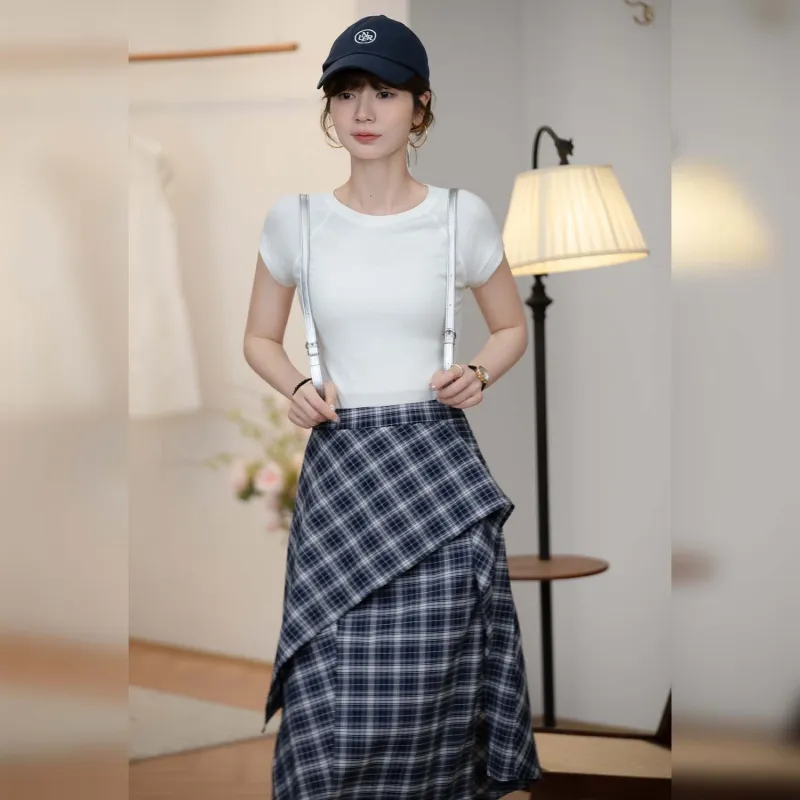 Fstudio Korean Style Irregular Plaid Half Length Casual Long Skirt Women's Navy Blue-5