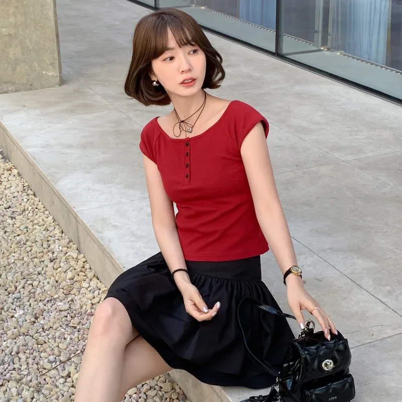 Fstudio Summer Crew Neck Fashion Solid Color Versatile Short Sleeved T Shirts Women's-13