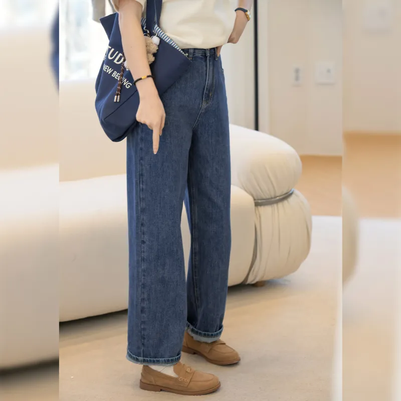 Fstudio Korean-Style Spring Thin Petite Commute Versatile High-Rise Jeans Women's Medium Blue-2