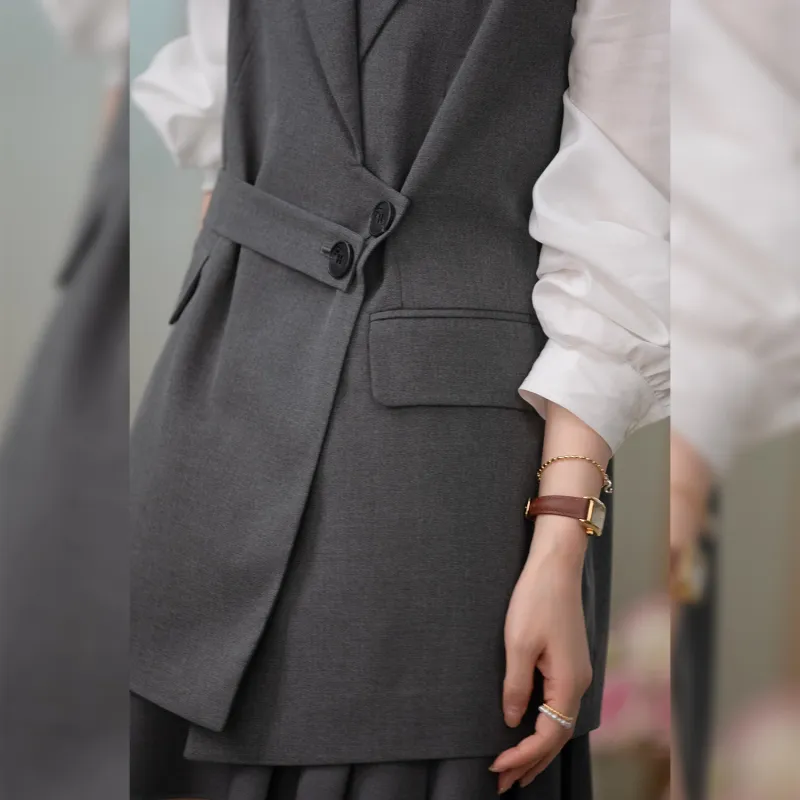 Fstudio Spring Korean Style V Neck Design Commute Elegance Sleeveless Jacket Women's Dark Gray-4