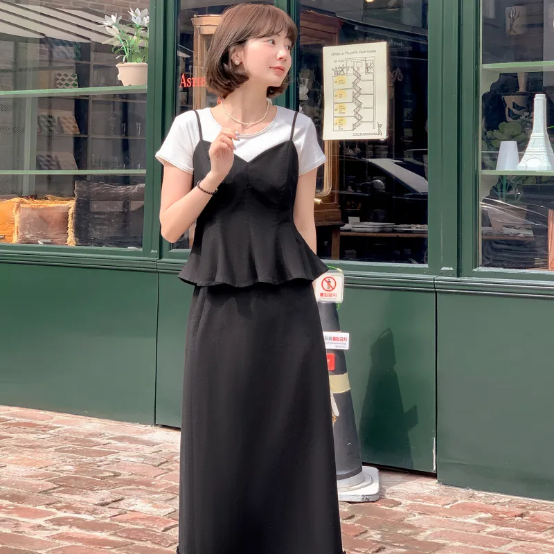 Fstudio Korean Style Elegance V Neck Comfortable Short Sleeved Top Skirt Set Women's-4