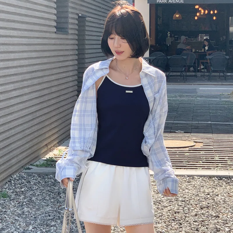 Fstudio Summer Korean Style Petite Commute Thin Casual Shorts Women's White/Navy Blue-4