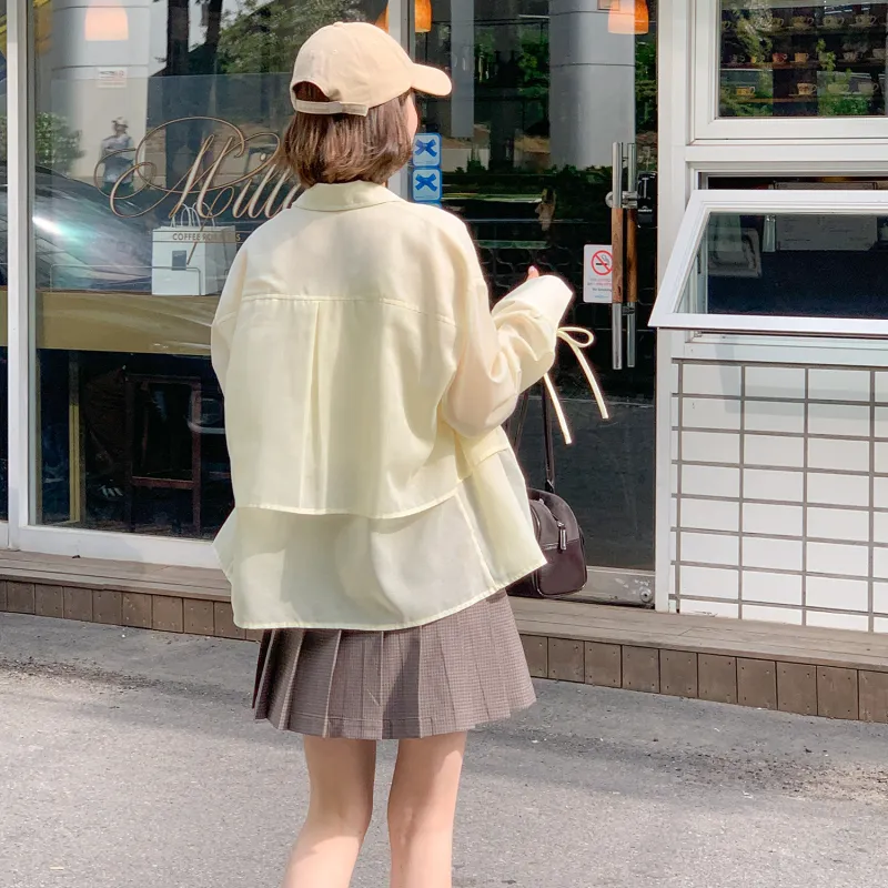 Fstudio Korean Style Summer Cooling Slimming Top Long Sleeved Shirt Women's Yellow-5