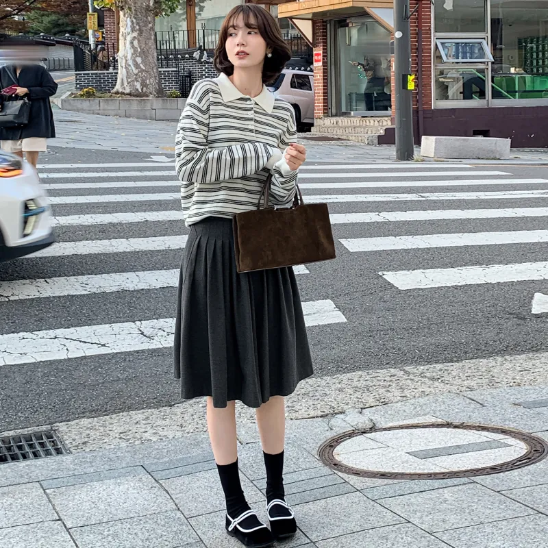 Fstudio Fall And Winter Korean Style 100% Wool Lapel Stripes Base Knitwear Women's Black-5