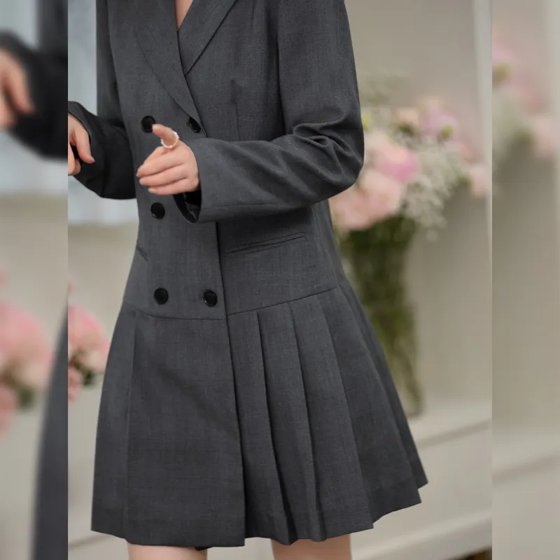 Fstudio Spring Korean Style Petite Preppy Style Business Suit Dress Women's Heather Gray Plaid-3